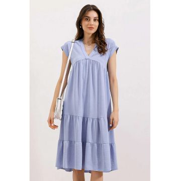 Rochie Midi  cu volane si decolteu in V - Albastru - Textil