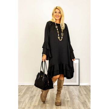 Rochie midi cu volane si maneci clopot, satinata, cu matase, neagra