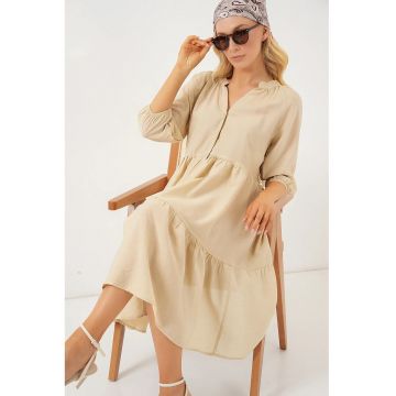 Rochie midi dama  maneci trei sferturi - viscoza/nylon - bej