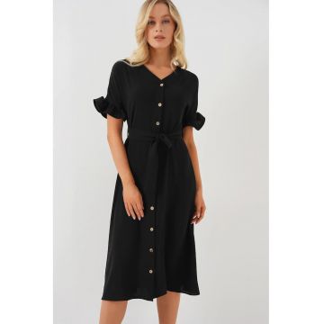 Rochie midi dama - poliester/elastan -  decolteu in V - negru
