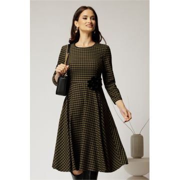 Rochie midi din stofa carou kaki si finisaje negre