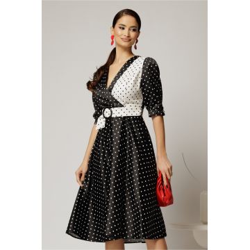 Rochie midi din tafta cu buline alb negru