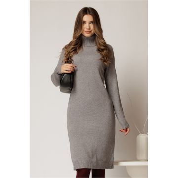 Rochie midi gri din tricot cu guler intors