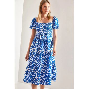 Rochie midi -  guler patrat - smocked - albastru - textil