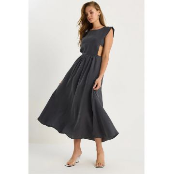 Rochie midi -  guler rotund - gri inchis - material textil