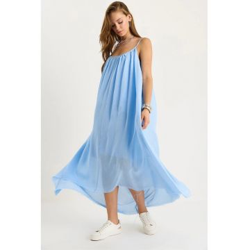 Rochie midi -  LUCCI - guler rotund - albastru - bumbac