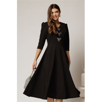 Rochie midi neagra cu guler dublu si funde argintii