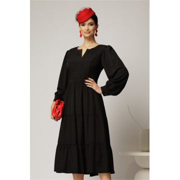 Rochie midi neagra cu volan la fusta si decolteu discret in V