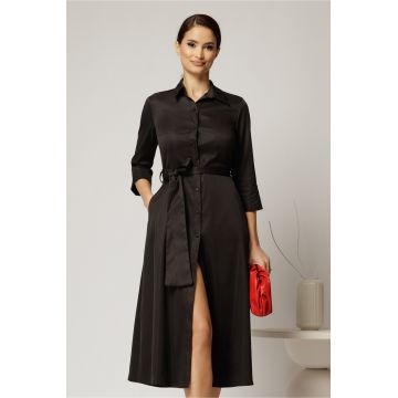 Rochie midi neagra tip camasa din bumbac cu cordon in talie