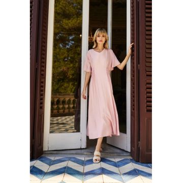 Rochie Midi  roz - bumbac - maneci evazate - marime