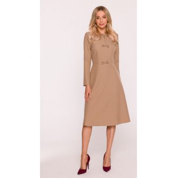 Rochie midi - S413 Bej decolteu maneci lungi - decorative - Poliester - Trapezoidala