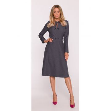 Rochie midi - S413 Gri decolteu semicircular - maneci lungi - crapaturi laterale - fonduri decorative - Poliester - Trapezoidala