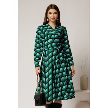 Rochie midi verde din stofa petrecuta cu imprimeuri mov si cordon in talie