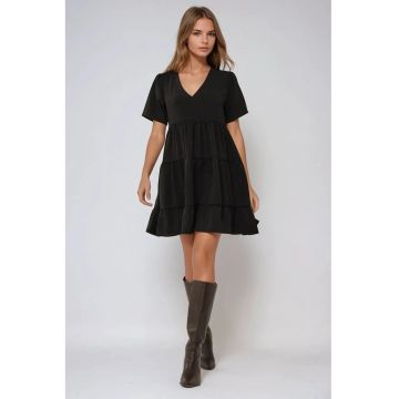 Rochie mini  A-line - decolteu in V - neagra - jerseu