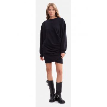 Rochie mini - B298 negru tricot - decolteu rotund - maneci lungi - bumbac - croiala lejera - mulata la solduri