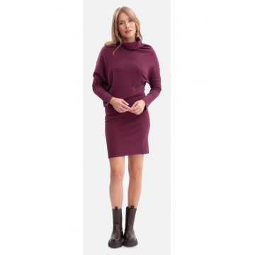 Rochie mini - B309 Pruna tricot - fara inchizatoare - top lejer - baza mulata - talie inalta - maneci lungi - cu guler