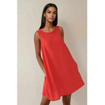 Rochie mini -  croiala in forma de A - guler rotund - portocalie - bumbac