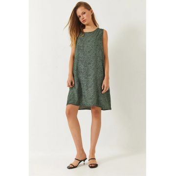 Rochie mini -  imprimeu - guler rotund - verde - viscoza