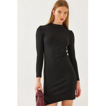 Rochie mini -  jerseu cu nervuri - negru - maneci lungi