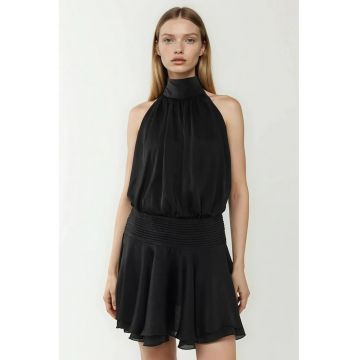 Rochie mini -  texturata cu guler inalt - neagra - textil