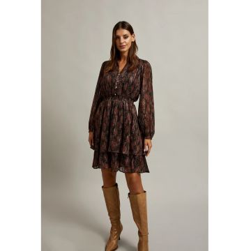 Rochie neagra cu imprimeu animalier si fusta evazata