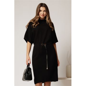 Rochie neagra din tricot cu maneci fluture si curea in talie