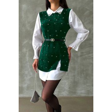 Rochie office tip camasa Iuliana, cu sarafan, paiete si curea, Verde, Marime S/M