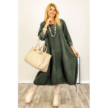 Rochie oversize A-line, din catifea reiata cu snur in partea de jos, kaki