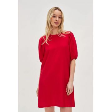 Rochie rosie din viscoza cu maneci bufante