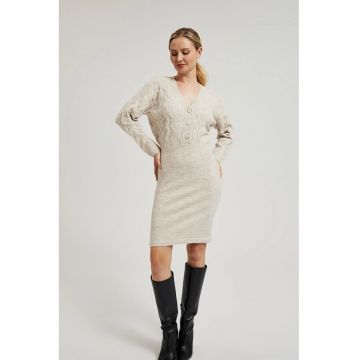 Rochie Tricotata Bej Decorata cu Butoane