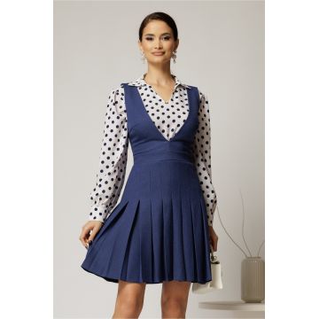 Sarafan DY Fashion albastru din stofa cu pliuri si decolteu adanc