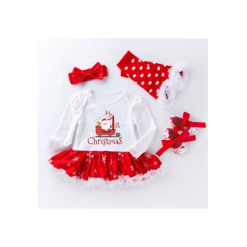 Set 4 piese - rochita - sosete - bentita si botosei - Primul Craciun - pentru fetite- 6-9 luni