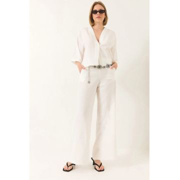 Set doua piese -  tunica cu decolteu in V - pantaloni largi - alb - bumbac si viscoza