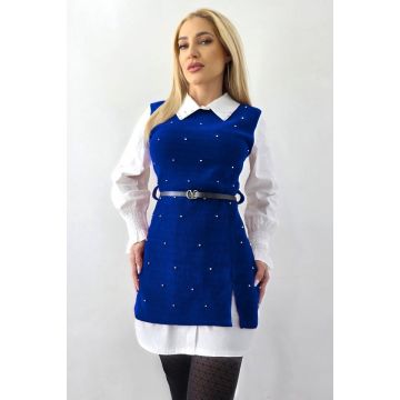 Camasa rochie Iuliana, cu sarafan aplicat si perle aplicate, Albastru, Marime S/M