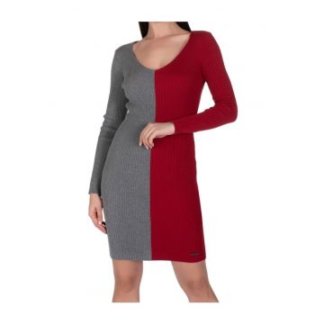 Rochie de dama  bicolor - maneca lunga - gri rosu - bumbac -