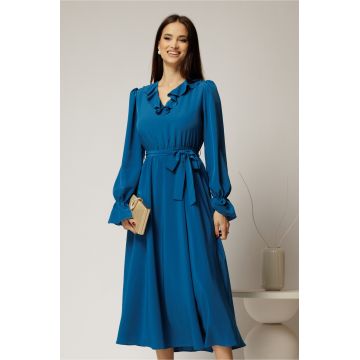 Rochie DY Fashion albastru petrol din voal plin cu decolteu in V si volanase