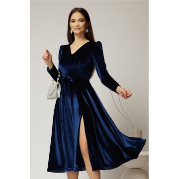 Rochie DY Fashion bleumarin din catifea cu decolteu in V si funda in talie