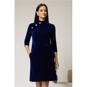 Rochie DY Fashion bleumarin din catifea fixa cu guler tunica si nasturi