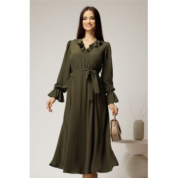 Rochie DY Fashion kaki din voal plin cu decolteu in V si volanase