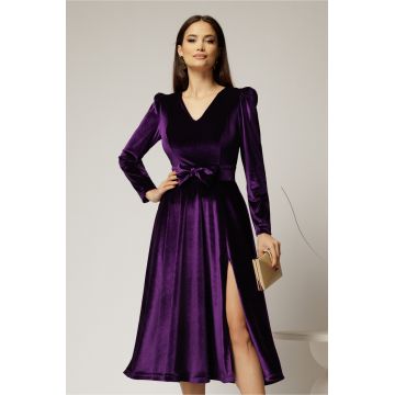 Rochie DY Fashion mov din catifea cu decolteu in V si funda in talie