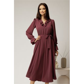 Rochie DY Fashion mov pruna din voal plin cu decolteu in V si volanase