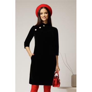 Rochie DY Fashion neagra din catifea fixa cu guler tunica si nasturi