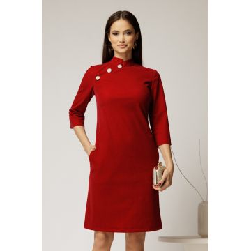 Rochie DY Fashion rosie din catifea fixa cu guler tunica si nasturi