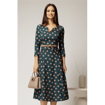 Rochie DY Fashion turcoaz cu buline cu decupaj si funda la decolteu