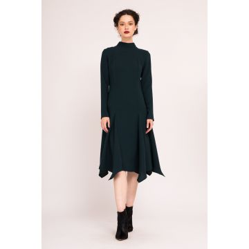 Rochie evazata verde cu maneci lungi si clini