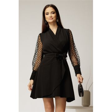 Rochie Kim neagra petrecuta cu maneci cu buline catifelate