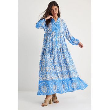 Rochie maxi -  cu decolteu in V - inchidere cu nasturi - albastra - poplin