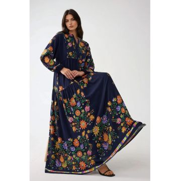 Rochie maxi -  decolteu in V - bleumarin - textil