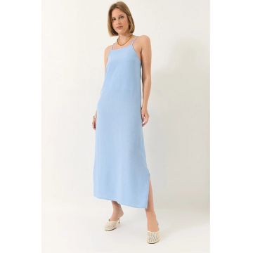 Rochie maxi -  fara bretele - crapatura laterala - albastra - poliester