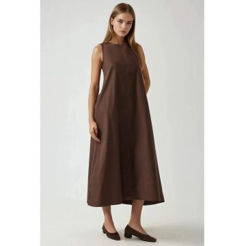 Rochie maxi -  forma de A - maro - textil - decolteu rotund